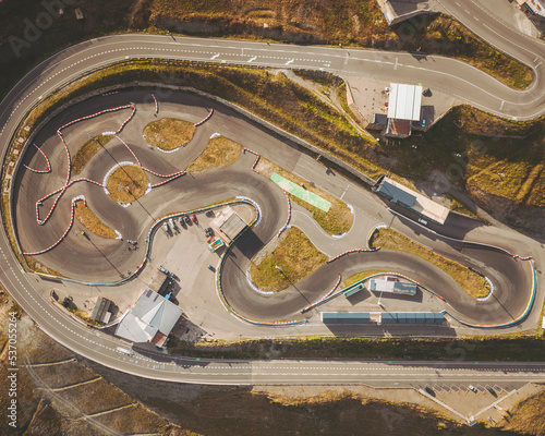 Aerial view of a karting track, Pas de la casa, Andorra.