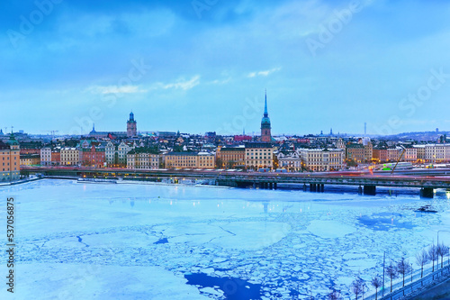 View of Stockholm, Sweden at sunrise in winter.