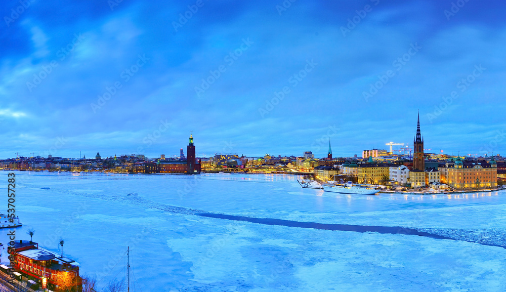 View of Stockholm, Sweden at night in winter.