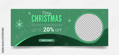 Christmas web facebook banner, horizontal header for website template, flat top view. Green background Xmas design with photo place