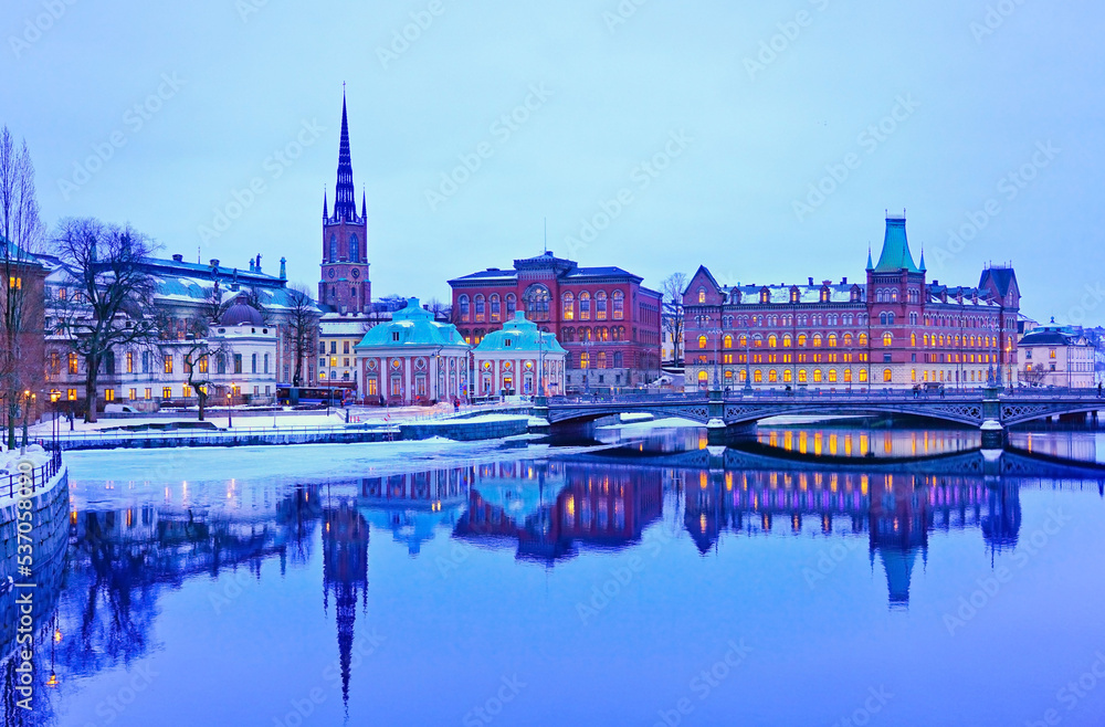 Fototapeta premium View of Stockholm, Sweden at dusk in winter.