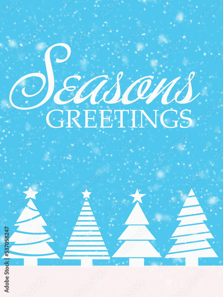 white and blue background with season greetings text, snowfall and christmas trees