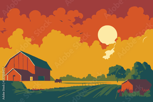Editable cartoon-style farmland with houses under the orange shaded sky photo