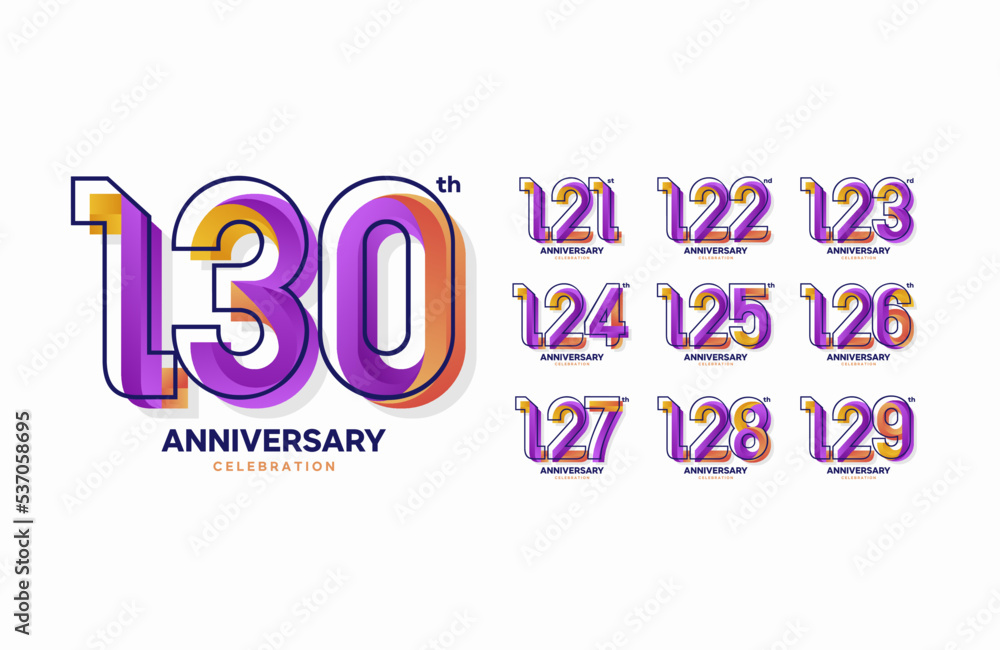 Colorful anniversary celebration logotype set. 121, 122, 123, 124, 125, 126, 127, 128, 129, 130