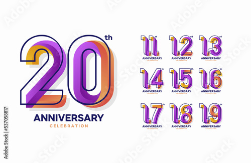 Colorful anniversary celebration logotype set. 11, 12, 13, 14, 15, 16, 17, 18, 19, 20 photo
