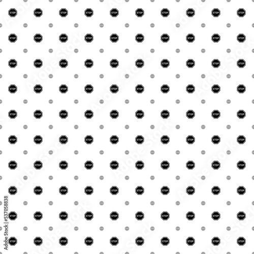 Square seamless background pattern from black stop road signs are different sizes and opacity. The pattern is evenly filled. Vector illustration on white background