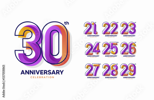 Colorful anniversary celebration logotype set. 21, 22, 23, 24, 25, 26, 27, 28, 29, 30 photo