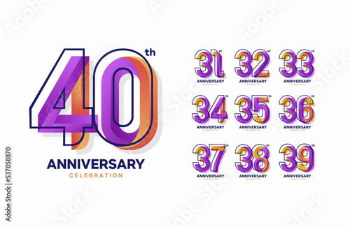 Colorful anniversary celebration logotype set. 31, 32, 33, 34, 35, 36, 37, 38, 39, 40