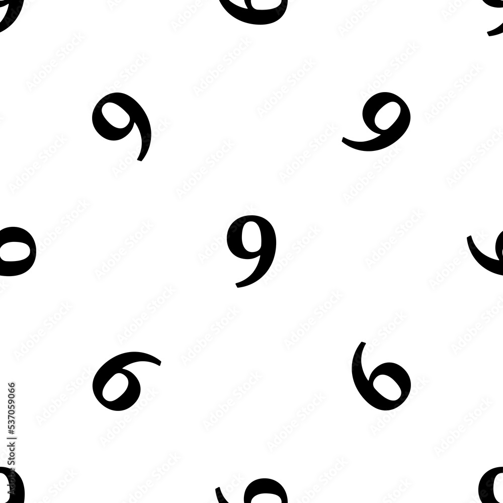 Seamless pattern of repeated black number nine symbols. Elements are evenly spaced and some are rotated. Vector illustration on white background Seamless pattern of repeated black number nine symbols. Elements are evenly spaced and some are rotated. Vector illustration on white background