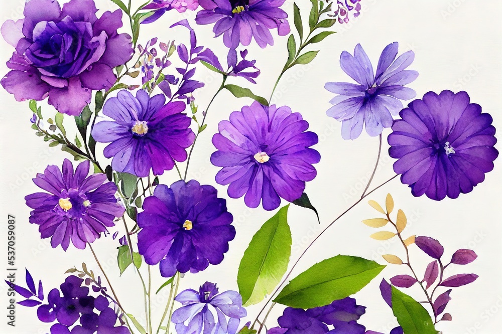 Watercolor flowers garden bouquet. Hand painted botanical illustration with purple flowers isolated on white background. Floral composition for you design Watercolor flowers garden bouquet. Hand painted botanical illustration with purple flowers isolated on white background. Floral composition for you design