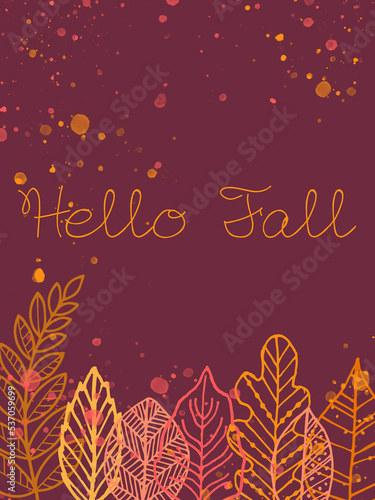 yellow hello fall text on dark pink ground with colorful autumn leaves