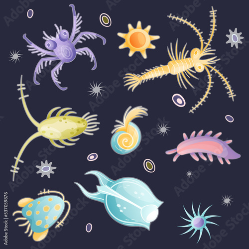 Plankton Diverse Water Organism Free Floating on Dark Background Vector Set
