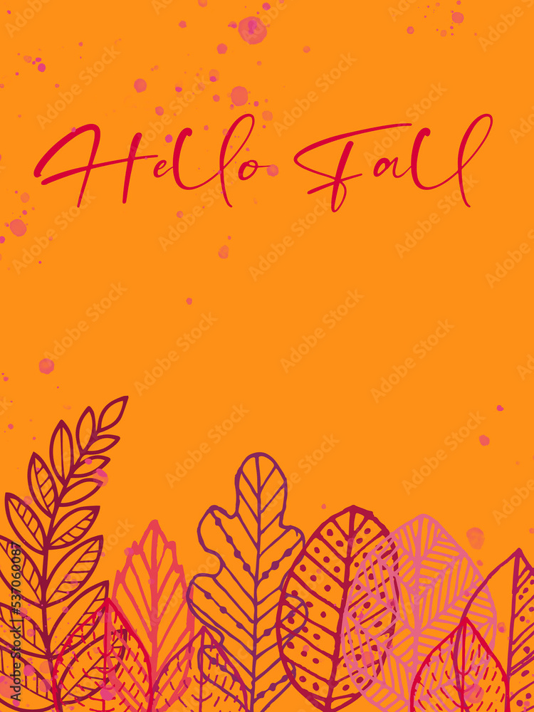hello fall text on yellow ground with colorful autumn leaves