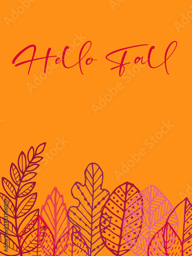 hello fall text on yellow ground with colorful autumn leaves