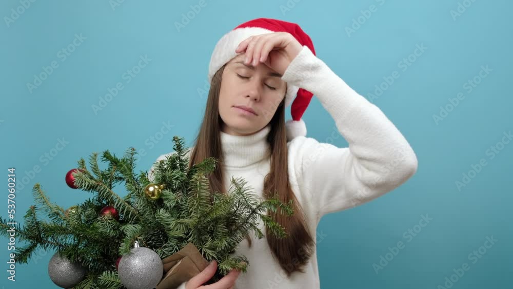 Portrait of sick ill young brunette female wears white sweater and Christmas hat holding bouquet of spruce branches hand on forehead having headache suffer from migraine, isolated on blue background Portrait of sick ill young brunette female wears white sweater and Christmas hat holding bouquet of spruce branches hand on forehead having headache suffer from migraine, isolated on blue background