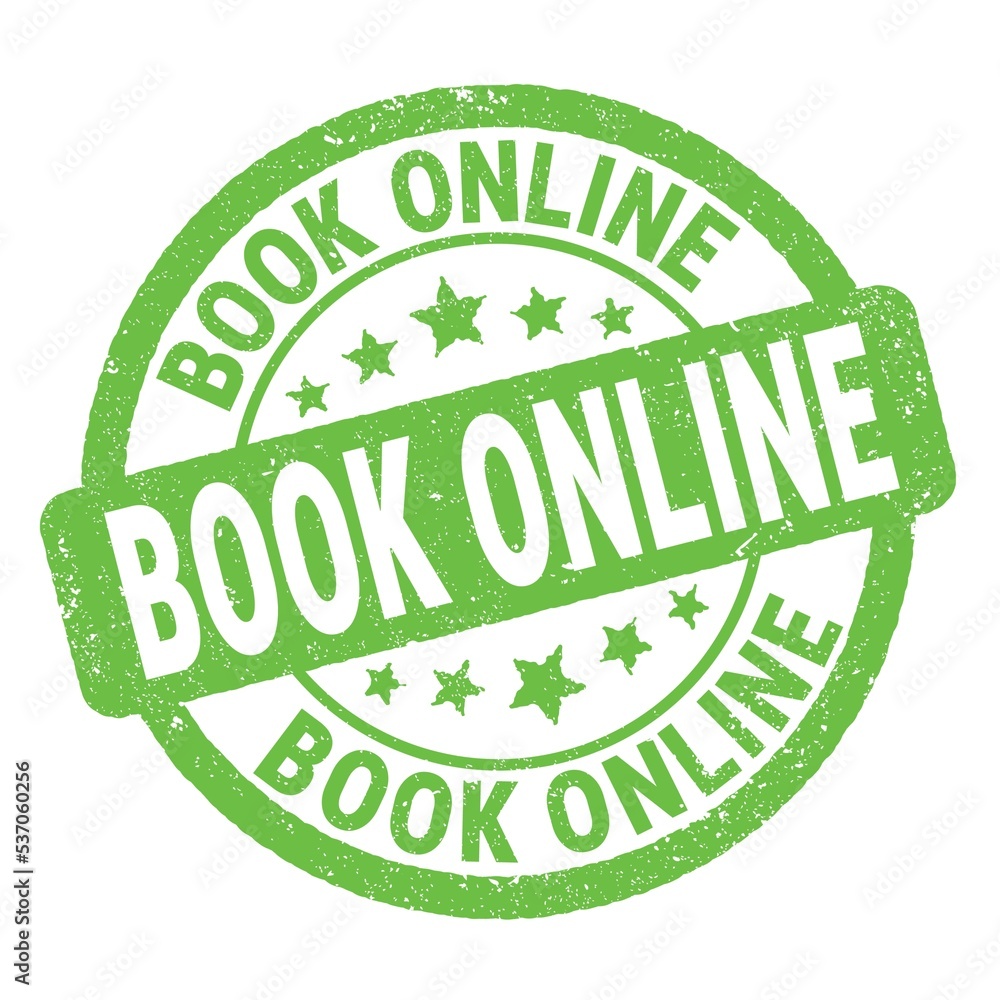 BOOK ONLINE text written on green round stamp sign. BOOK ONLINE text written on green round stamp sign.
