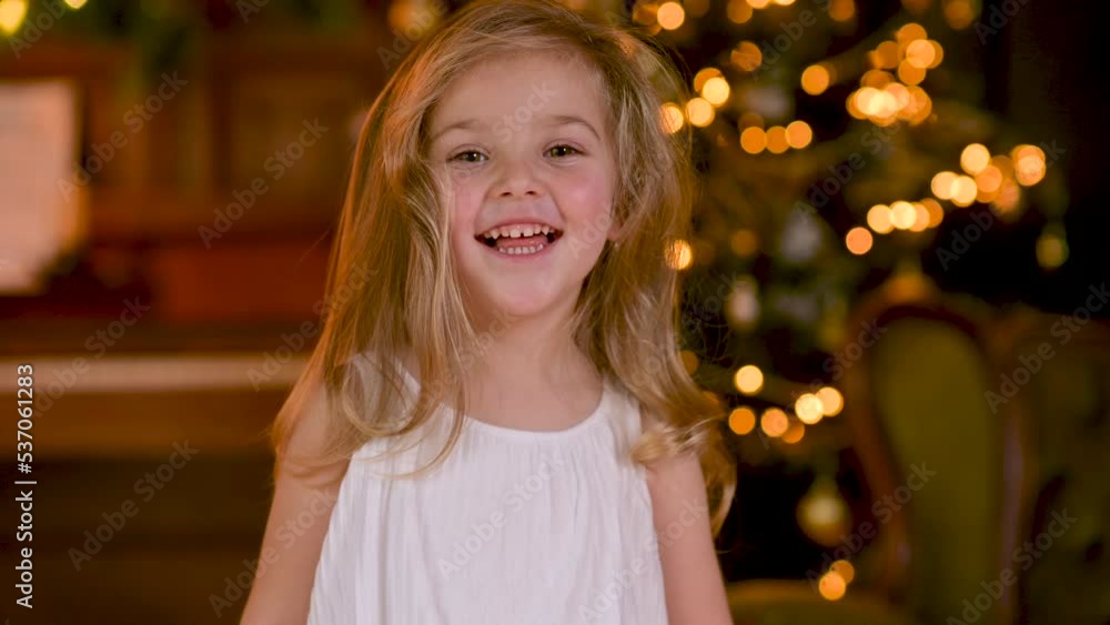 Portrait of Cute smiling girl in the room against the background of a festive Christmas tree, enjoying the festive holiday at home Portrait of Cute smiling girl in the room against the background of a festive Christmas tree, enjoying the festive holiday at home