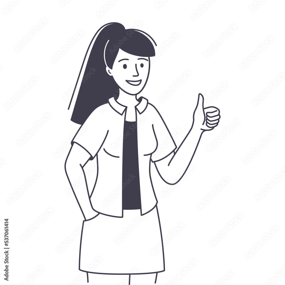 Woman Character Showing Thumb Up as Positive Hand Gesture Outline Vector Illustration Woman Character Showing Thumb Up as Positive Hand Gesture Outline Vector Illustration