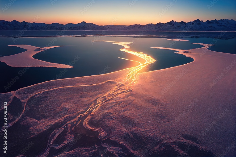Aerial view of the winter landscape in Kanas lake, Xinjiang province, China. - obrazy, fototapety, plakaty 