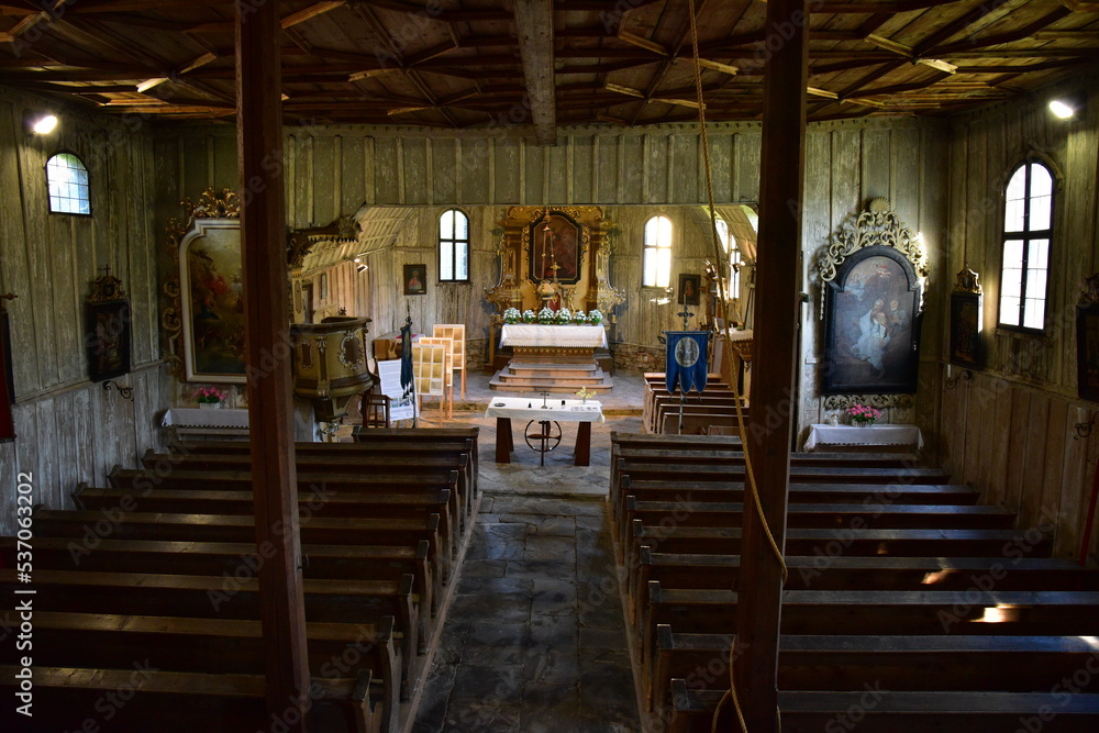 Interior of wooden church of St. Michael Archangel, Marsikov