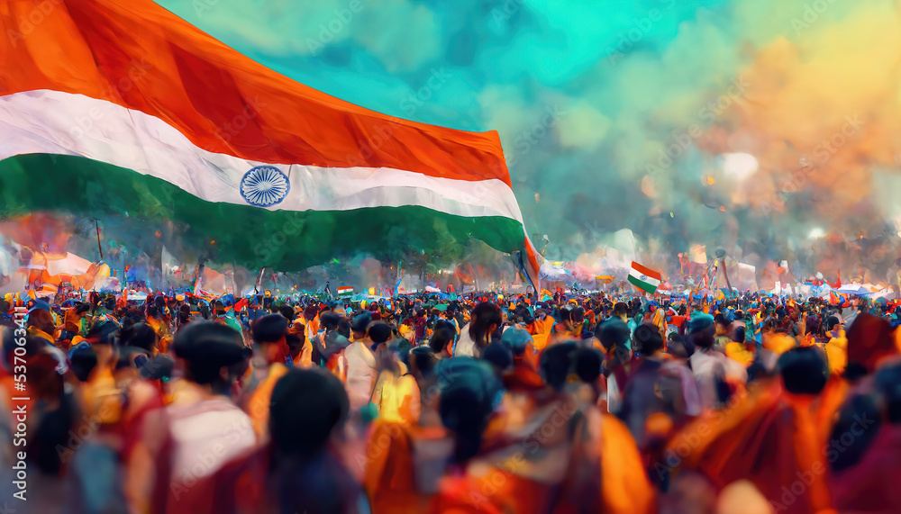 Fototapeta premium AI generated image of a large crowd of Indians waving big Indian flags, and celebrating Independence Day and Republic Day