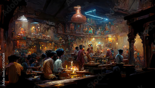 AI generated image of a crowded tavern in ancient India  photo