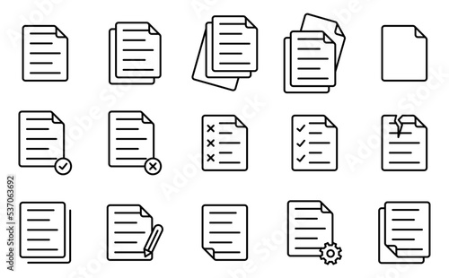 Conjunto de icono de documento. Hoja de documento. Concepto de trabajo. Hoja verificada. Ilustración vectorial