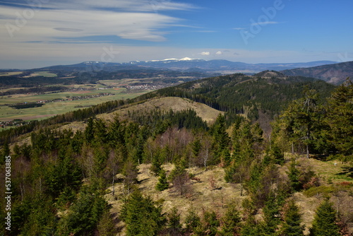 Spring view from Ruprechticka observation tower on Giant Mountains, Broumov area, Broumov, Broumov Walls