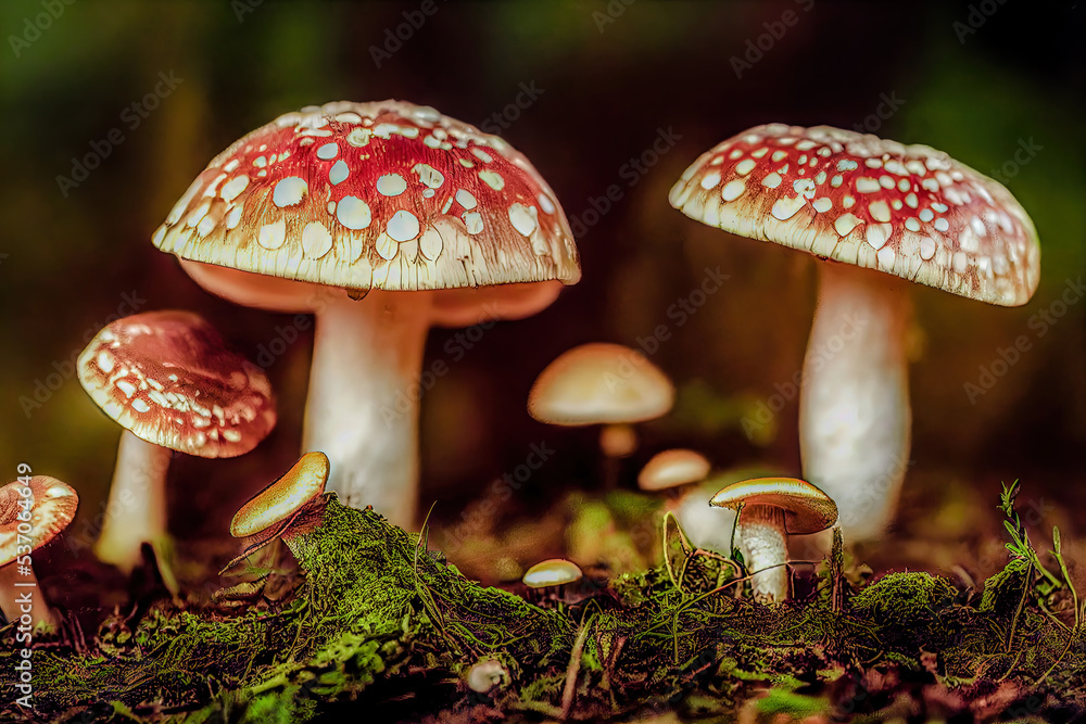 Fototapeta premium Pilze im Unterholz im Wald Fantasiepilze Illustration 3D