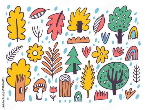 Forest doodle elements set. Colorful cartoon style vector illustration.