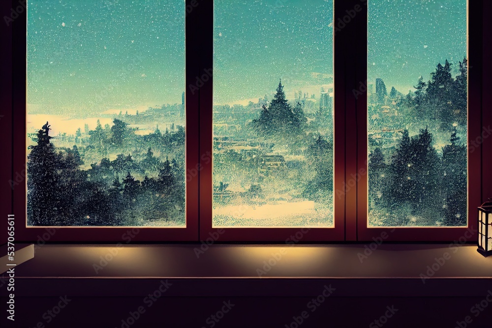lantern and pillows on windowsill with winter view lantern and pillows on windowsill with winter view