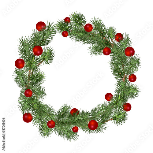 Festive Christmas wreath decorative ornament made of spruce, pine, fir branches and with red bright Christmas balls