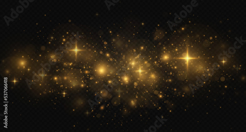 Sparks and stars twinkle on transparent background. Shiny dust light effect. Sparkle background with luminous particles.