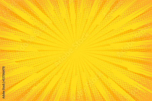 Comic background. Pop art texture. Starburst cartoon style. Anime design with explosion effect for print. Fun dot pattern. Yellow backdrop with halftone gradient. Funny line frame. Vector illustration