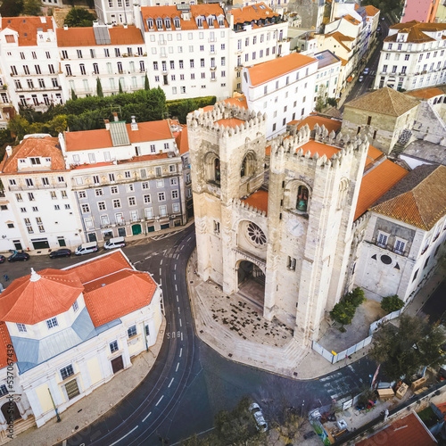 Aerial view of Lisbon cathedral in Alfama district, Lisbon, Portugal. photo