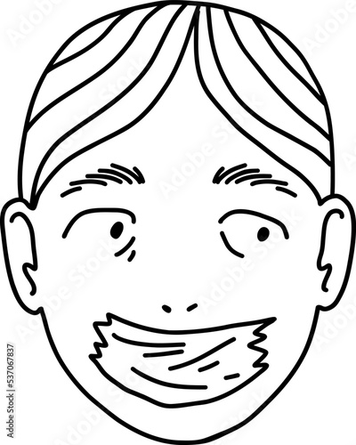 Doodle female face with taped mouth. They were forced to be silent. Emotion of horror in the eyes. Vector outline illustration of scared head isolated.