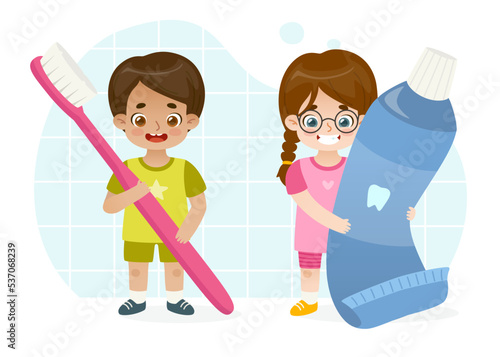 Cartoon kids with big toothbrush and tooth paste. Children dental hygiene. Cute girl and boy brushing teeth.