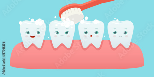 Cartoon brushing teeth scene. Dental hygiene teeth row in gum. Adorable teeth cleaning.