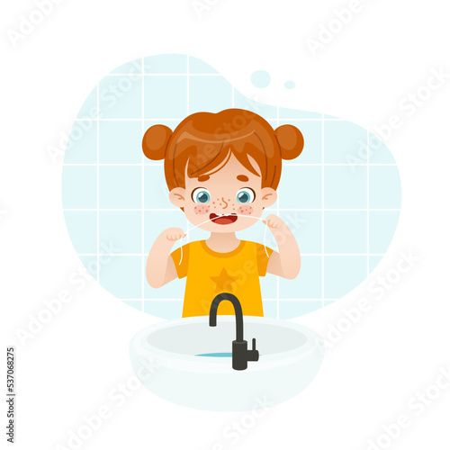 Flossing cartoon kid. Cute girl using dental floss in font of the sink. Adorable flossing baby girl.