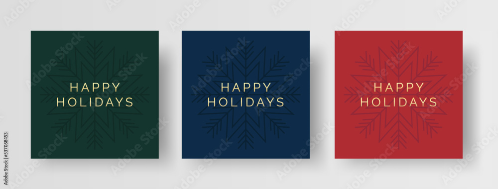 Happy holidays Christmas card design templates. Set of square Christmas greeting card designs with simple snowflake illustration and gold text. Simple and modern Christmas card templates.