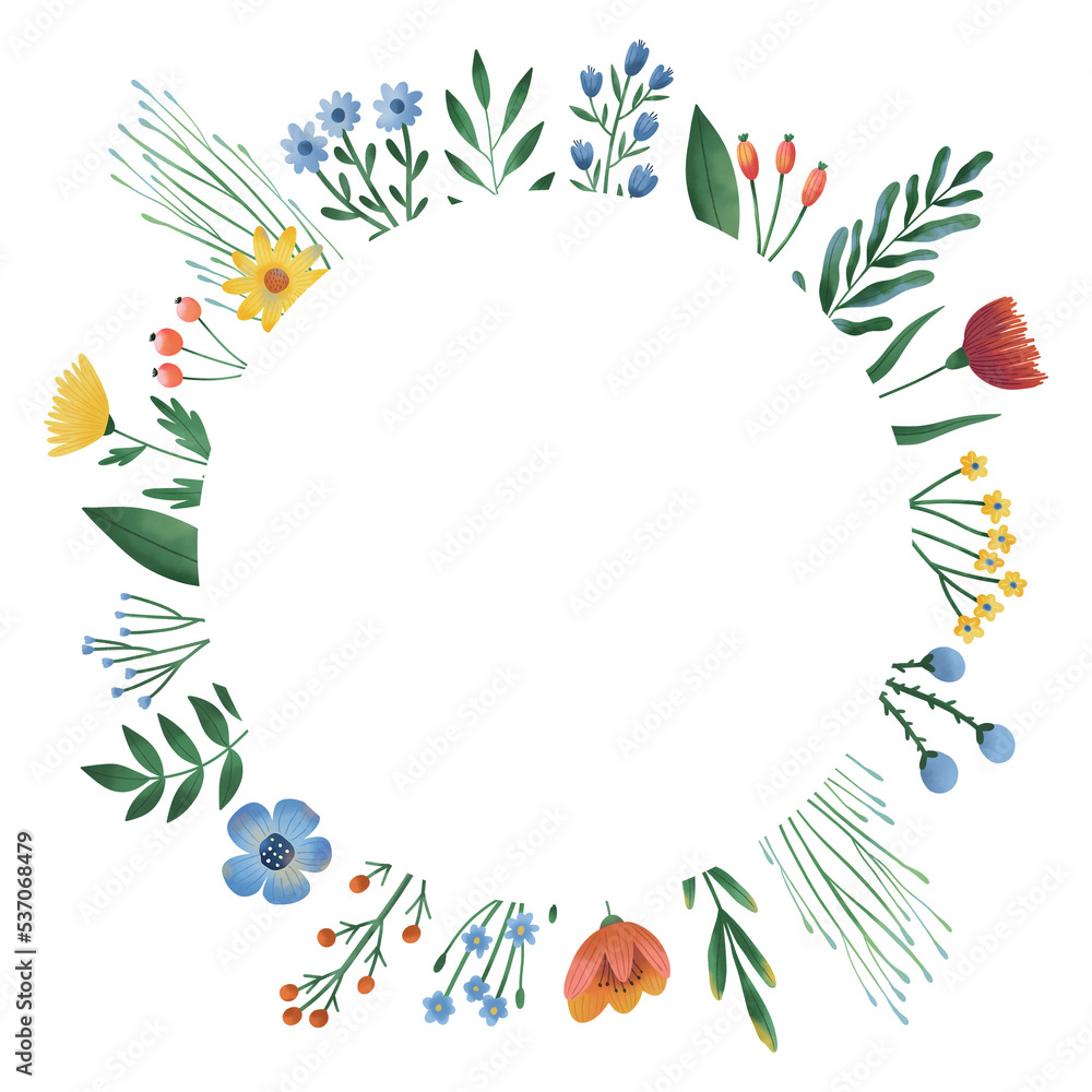 Elegant round watercolor floral wreath on white background for your design. Hand drawn frame with spring flowers and leaves