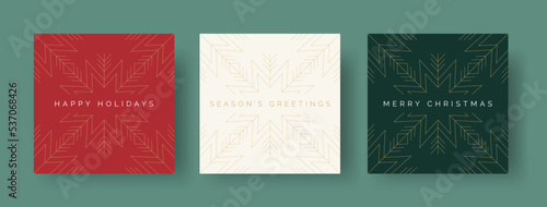 Set of Christmas Card Designs with Elegant Geometric Christmas Star Illustration. Modern Luxury Christmas Cards with Merry Christmas, Season's Greetings, Happy Holidays Text. Vector Design template.