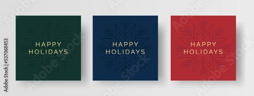 Happy holidays Christmas card design templates. Set of square Christmas greeting card designs with simple snowflake illustration and gold text. Simple and modern Christmas card templates.