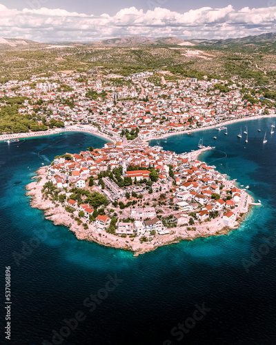 Aerial view of Primosten little township, a small village facing the Mediterranean Sea in Sibenik province, Croatia.
