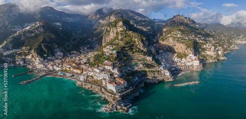 Panoramic aerial view of Amalfi and Atrani, two beautiful travel destination along the Amalfi coast, Salerno, Italy. photo