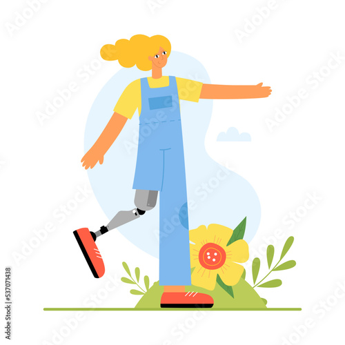 Young happy woman with leg prosthesis. World Day of Persons with Disabilities. Love your body. Flat vector illustration