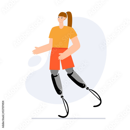 Young happy woman with prosthetic legs. Person with a disability. Flat vector illustration