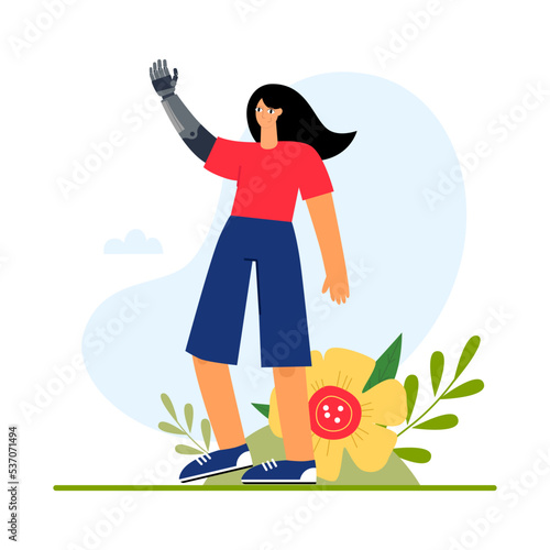 Young happy woman with a prosthetic arm. World Day of Persons with Disabilities. Bionic limbs. Flat vector illustration