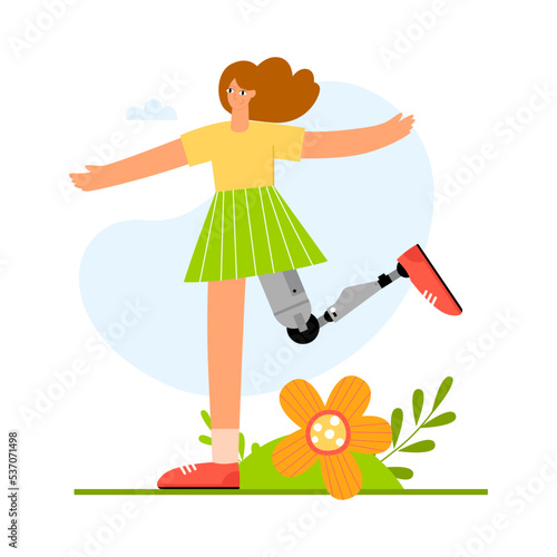 Young happy woman with leg prosthesis. World Day of Persons with Disabilities. Flat vector illustration