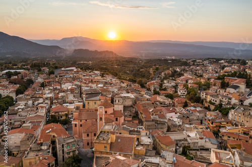 Aerial view of Dorgali at sunset, Nuoro, Sardinia, Italy.